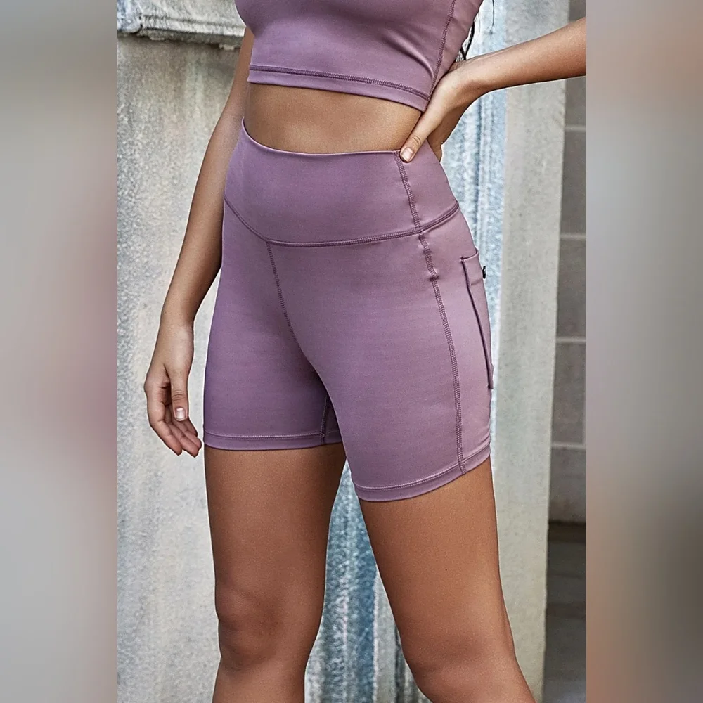 High Rise Wide Waistband Athletic Back Pocket Yoga Activewear Biker Shorts - Picture 7 of 10